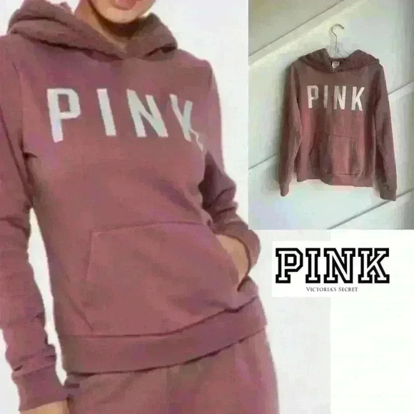 Victoria Secret Pink Glitter Logo Sherpa Lined Rose Pink Hoodie  S - Picture 1 of 7
